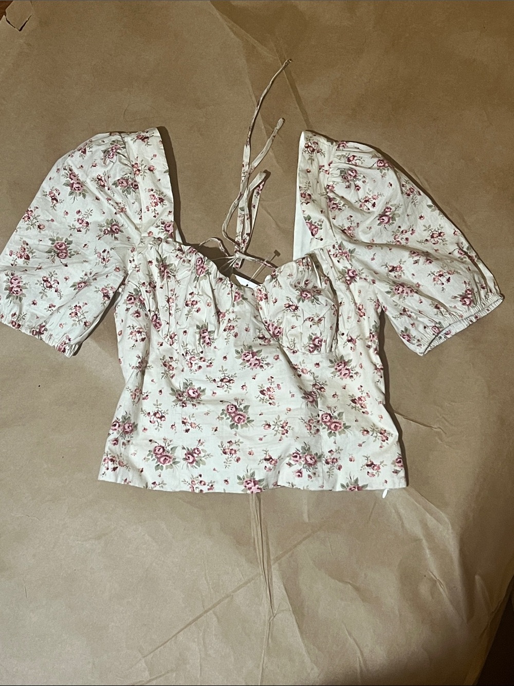 Petal & Pup Cream Crop Top with Pink Rose Print